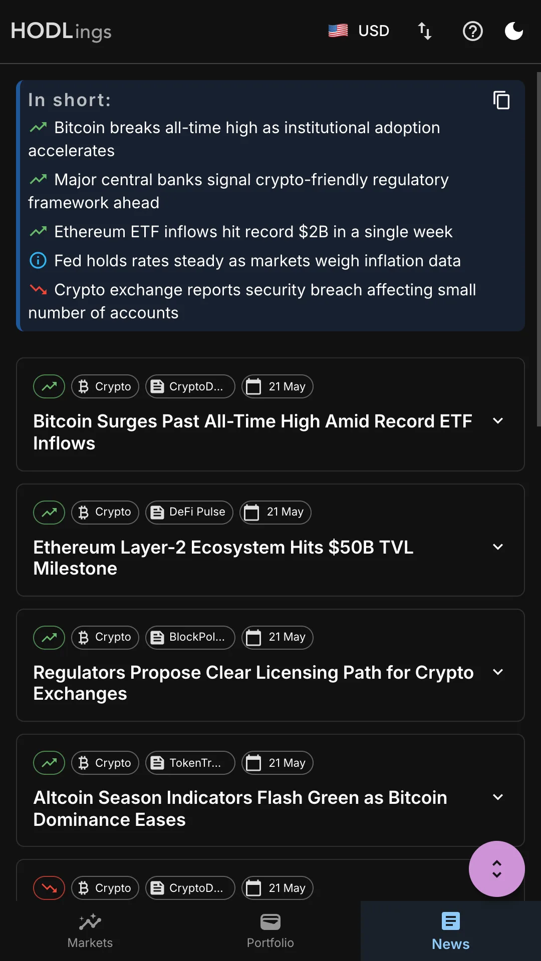 HODLings news tab showing an AI-generated TLDR digest at the top followed by individual articles with sentiment icons, source tags and publication date